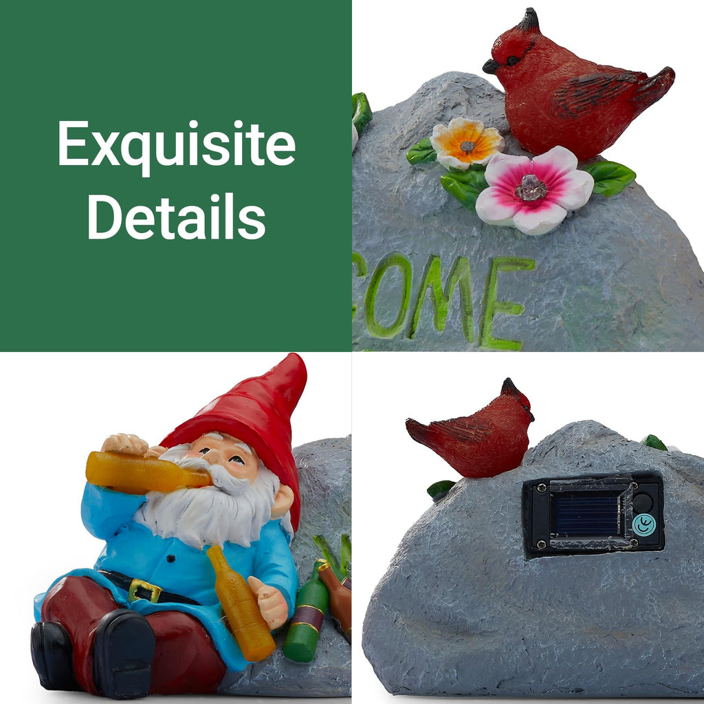 Elegondrar Funny Garden Gnomes Statue with Welcome, Solar Outdoor Gnomes Decorations for Yard, Patio, Lawn, Christmas Birthday Housewaming Gifts, for Dad, Men, Husband, Grandpa, 11.8 Inch, Resin