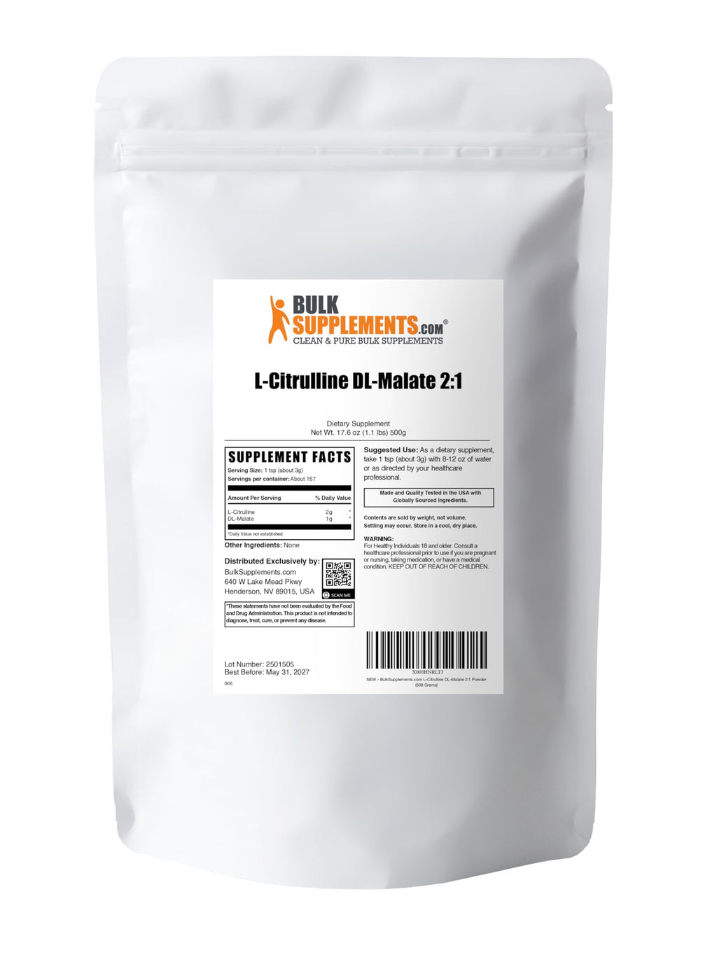 BulkSupplements.com L-Citrulline Malate 2:1 Powder - Nitric Oxide Boost, Citrulline Malate Supplement - Unflavored & Gluten Free - 3g per Servings, 500g (1.1 lbs) (Pack of 1)