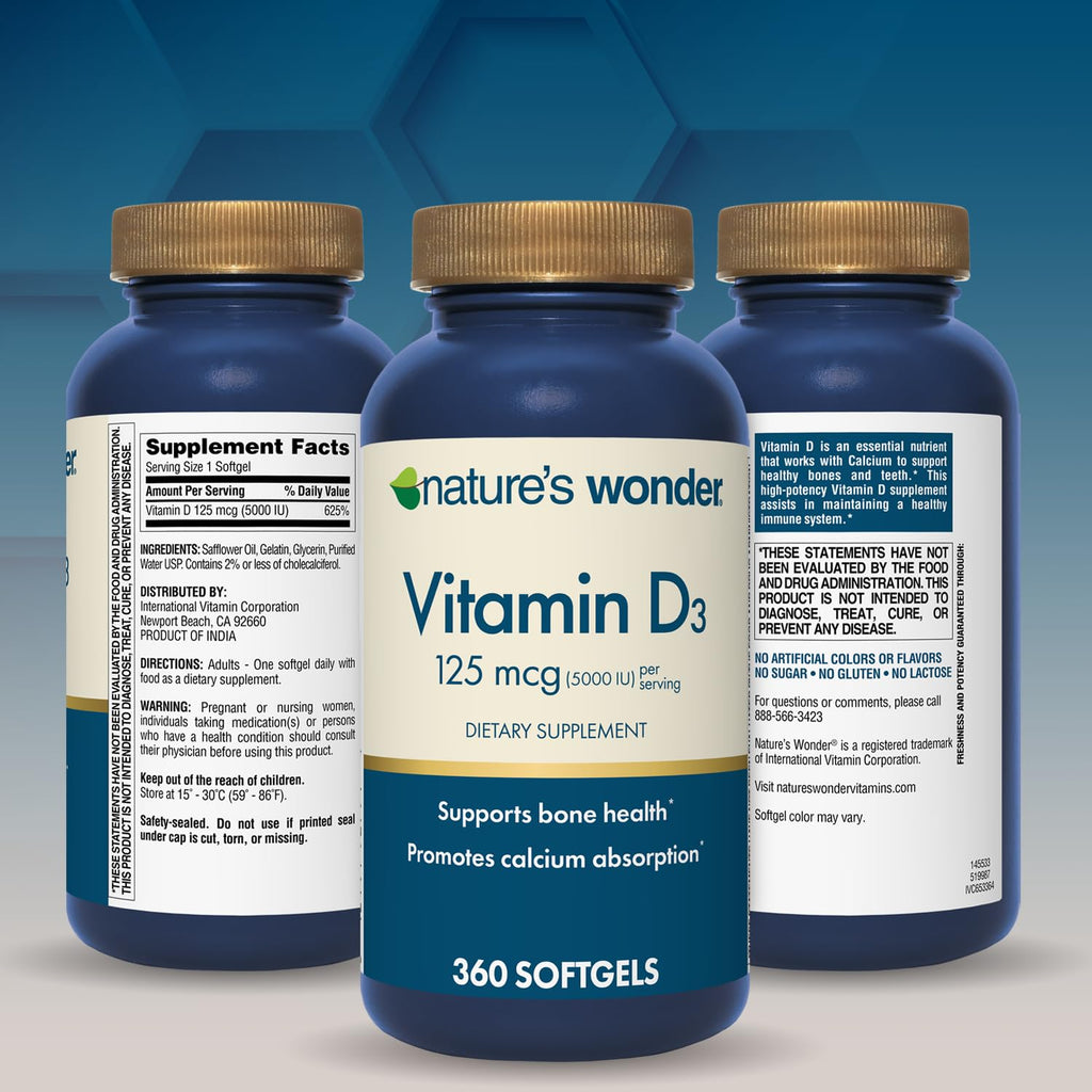 Nature's Wonder Vitamin D3 5000iu (125mcg) High Potency, Dietary Supplement to Support Bone Health and Immune System, Gluten Free, 360 Softgels, 1 Year Supply (Pack of 2)