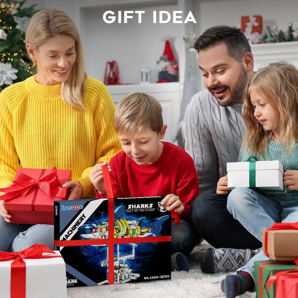 INSOON Mechanical Shark Building Set with LED Light, 687 PCS Movable Ocean Animal with Display Stand, Sea Fish Building Block Toy, Home Decor Gift for Adults Teens Kids Boys Ages 12+