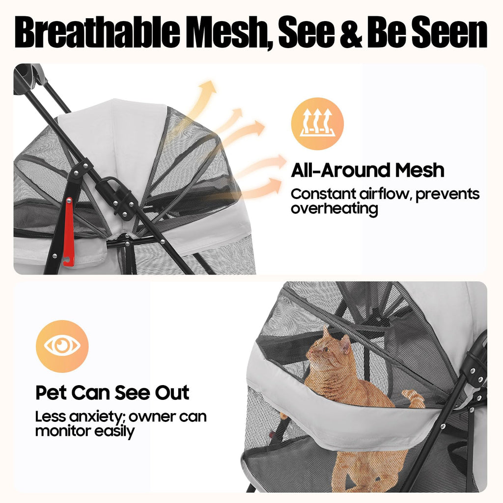 Pet Stroller for Small Medium Dogs Cats, Lightweight Foldable Pet Wagon with 360° Front Wheels & Brake, 40 lbs Capacity Carrier for Park Travel Shopping, Breathable Mesh Basket (Light Gray)