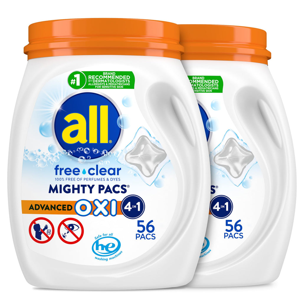 all free clear MIGHTY PACS Advanced OXI, Laundry Detergent Pacs, 56 Count (Pack of 2), Stainfighting, Unscented, and Hypoallergenic for Sensitive Skin, Dermatologist Tested, HE Safe
