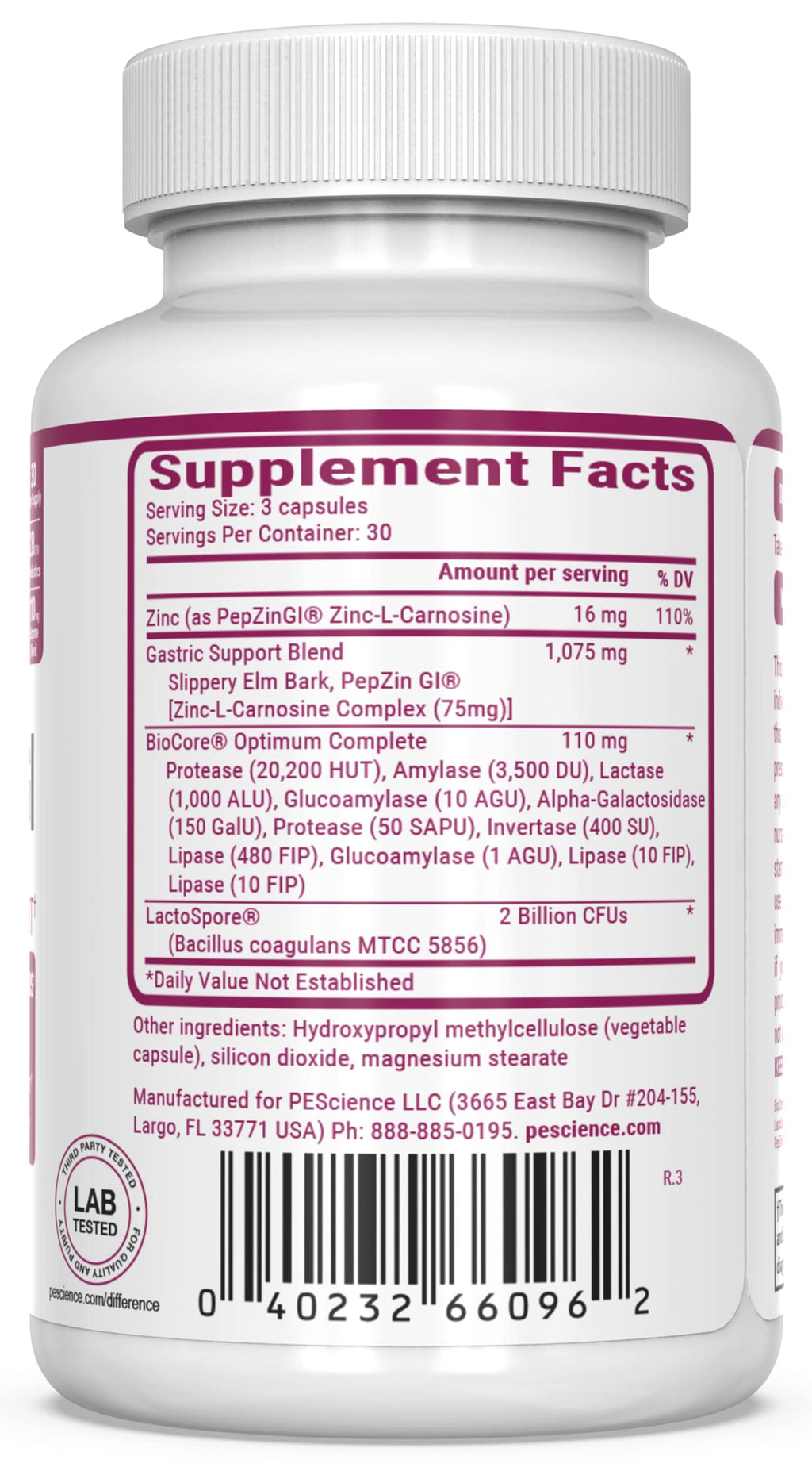 PEScience Symbiont-GI Gut Health Capsules with Zinc Carnosine Pepzin GI, Shelf Stable Probiotic, Digestive Enzymes, Slippery Elm Bark, 30 Day Supply, 90 Capsules