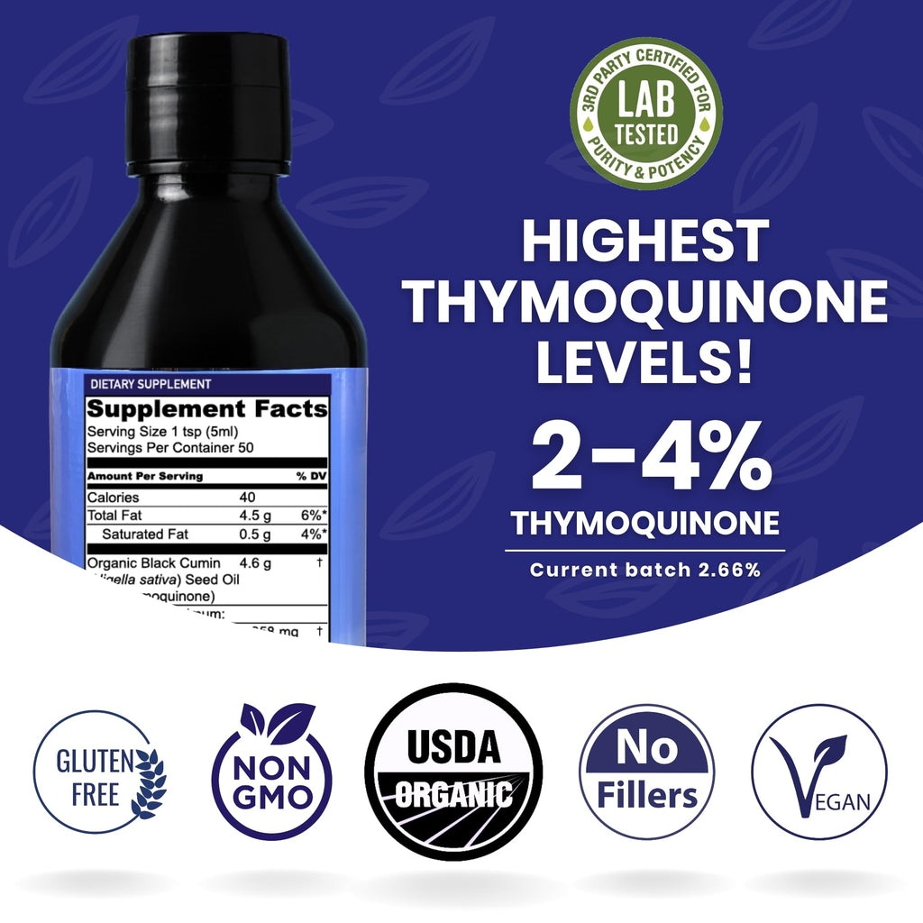 Organic Black Cumin Seed Oil-USDA-Cold Pressed –up to 6X Stronger Thymoquinone - Pure Nigella Sativa Cumin Seeds -Premium Supplement for Immune Support, Skin & Hair (8.5 fl oz)