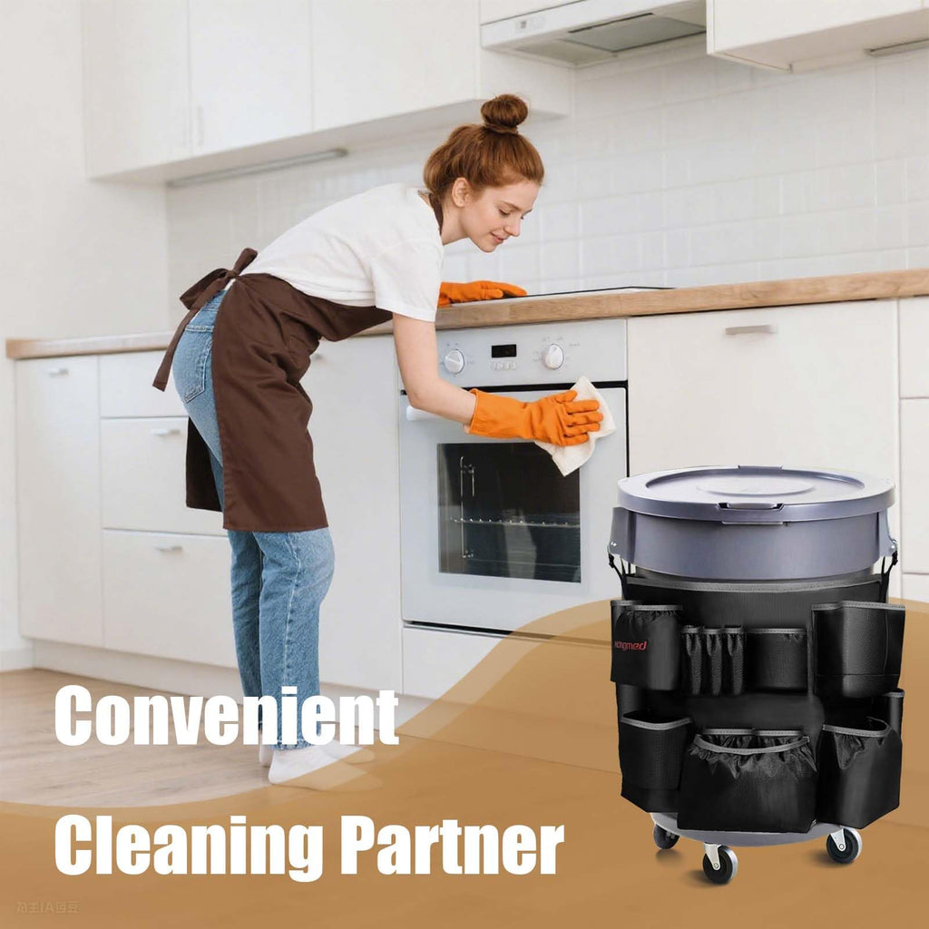 Hongmed Trash Can Caddy Bag: 1680D Fabric Heavy-Duty Cleaning Caddy with Adjustable Buckle fits 32-55 gal Trash Can, Multi-Pockets Cleaning Tool Organizer for House Cleaners & Janitorial Duties