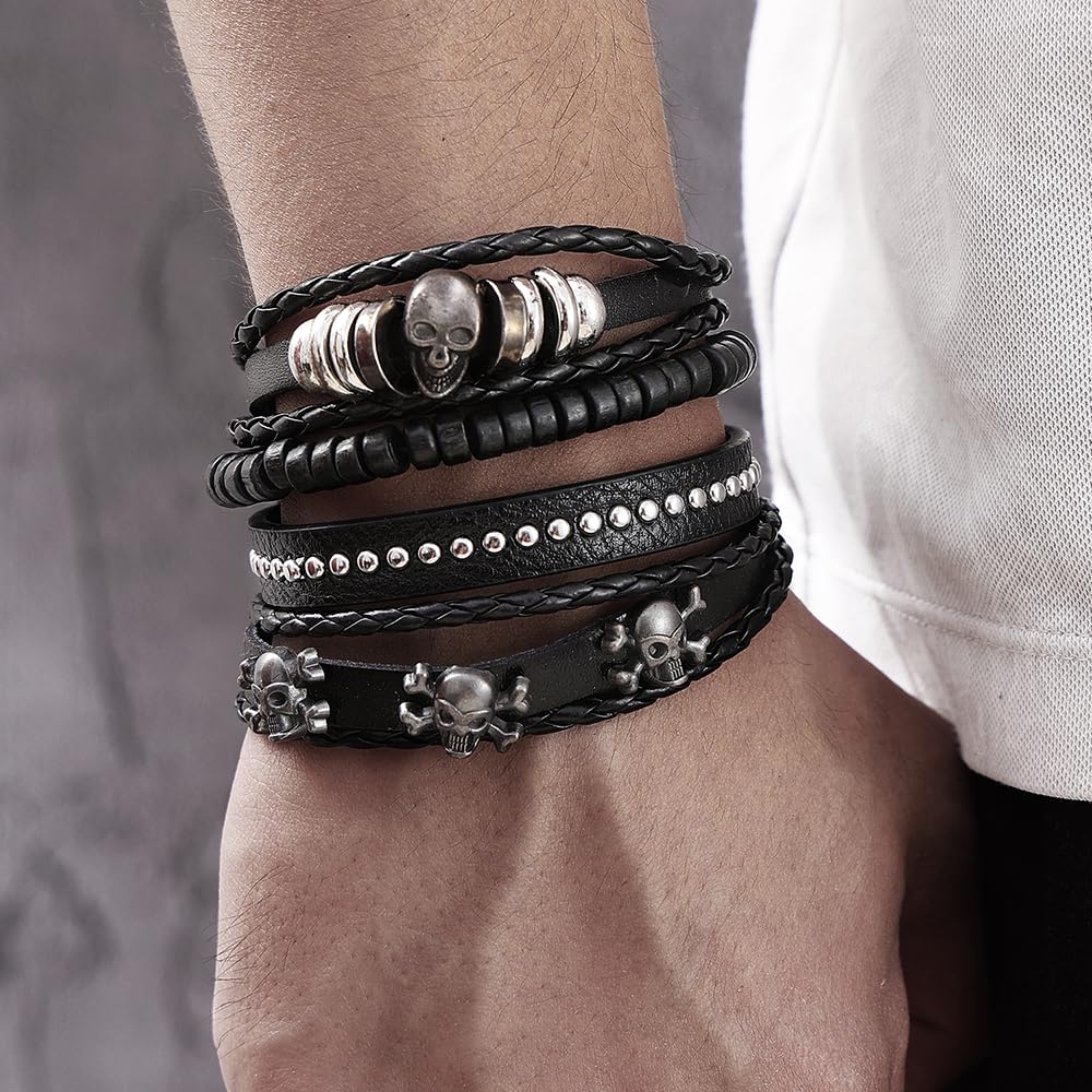 KISS WIFE PU Leather Bracelets for Men, Punk Skull Braided Bracelet Se