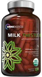OmniBiotics Organic Milk Thistle Supplement 1500mg – 4X Concentrated Extract with Silymarin – High Potency Liver Detox & Support – 120 Vegan Capsules