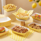 Geosar 100 Pcs Gingham Party Supply Disposable Paper Food Tray Bulk Disposable Food Boat with Checkered Wax Paper Sheet Checkered Wrapping Supply for Carnival Picnic Birthday Party (Yellow White)