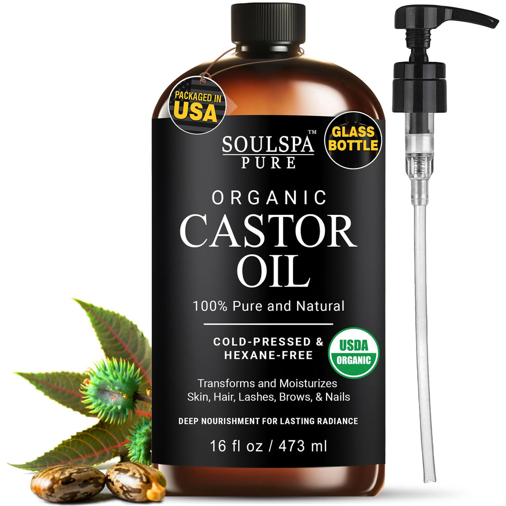 SOULSPA PURE Organic Castor Oil Glass Bottle for Hair Growth Face Scalp Skin USDA Certified 100% Pure Castor Oil Organic Glass Bottle