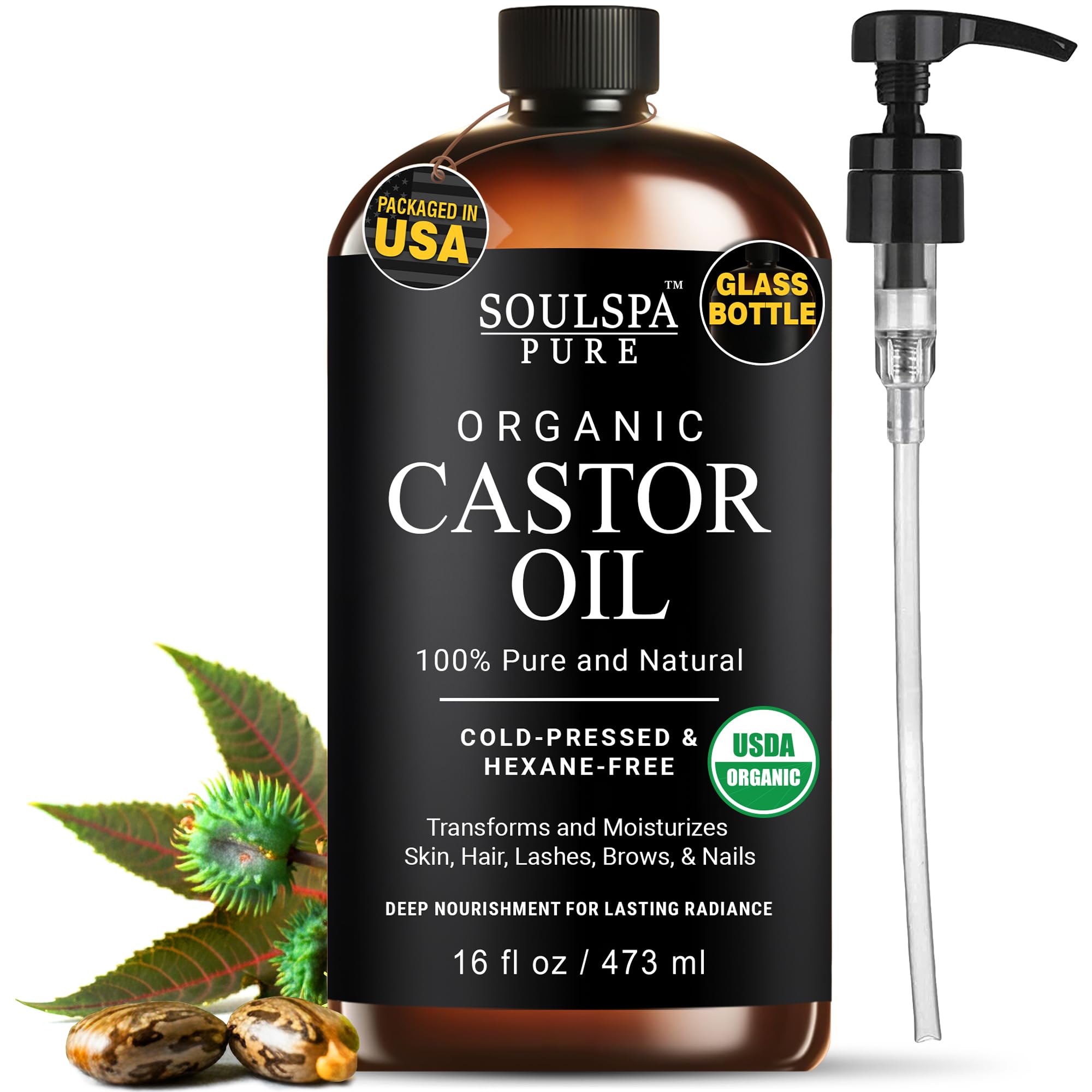 SOULSPA PURE Organic Castor Oil Glass Bottle for Hair Growth Face Scalp Skin USDA Certified 100% Pure Castor Oil Organic Glass Bottle
