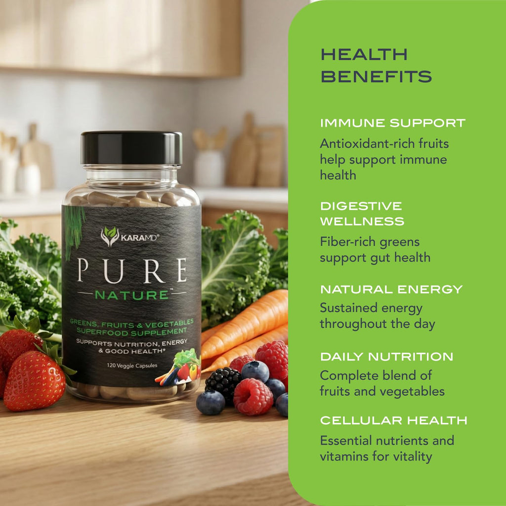 KaraMD Pure Nature | Greens, Fruit and Veggies Supplement | Vitamins, Fiber & Antioxidants | 20 Fruits and Vegetables Supplements for Energy & Digestion | Gluten Free & Vegan Friendly (30 Servings)