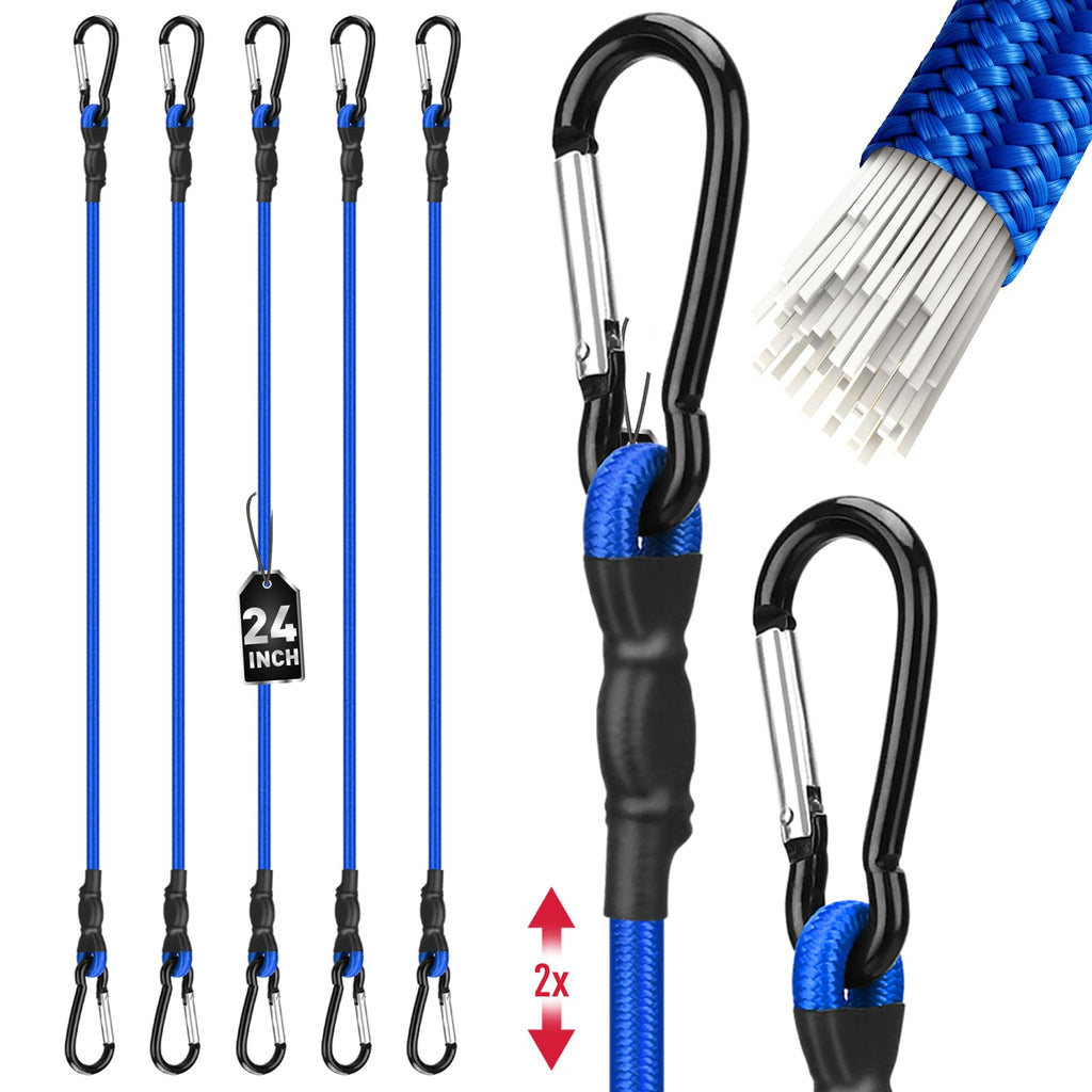 5-Piece 24 Inch Bungee Cords with Carabiner Hooks, Heavy Duty Rubber Elastic Tie Down Straps, Bungee Cord with Carabiner Clips for Cargo, Truck Bed, Camping, Motorcycle and Outdoor Use (Blue)