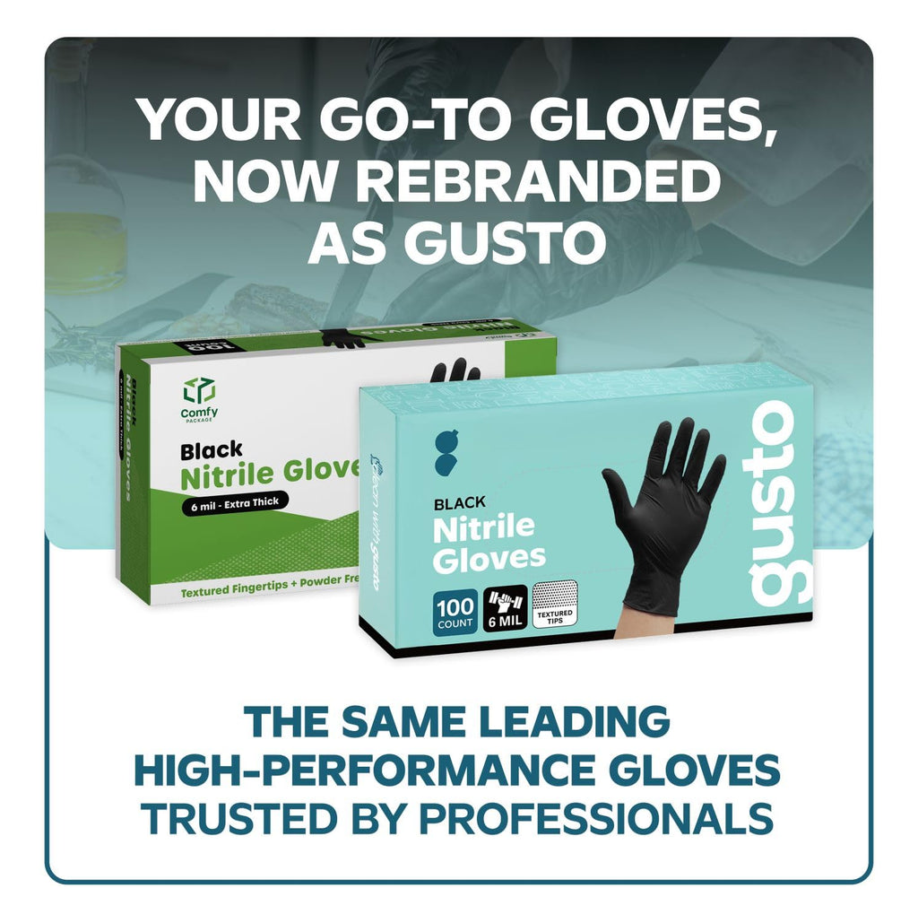 GUSTO Black Nitrile Gloves [100 Count] 6 Mil, HEAVY DUTY Disposable Gloves for Food Prep, Cooking, Tattoo, Cleaning – Latex-Free, Powder-Free, Textured Fingertips - Large (Formerly Comfy Package)