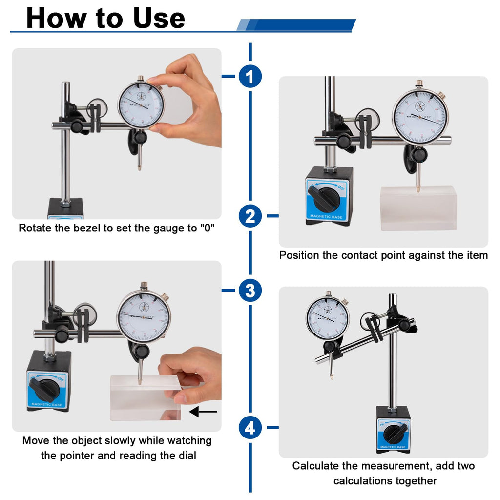 Rpeconu Dial Indicator with Magnetic Base, 0-1"×0.001" Precision Dial Test Indicator Set, Adjustable Long Arm Magnetic Dial Indicator Base Holder for Workshop, Lab & Mold Making
