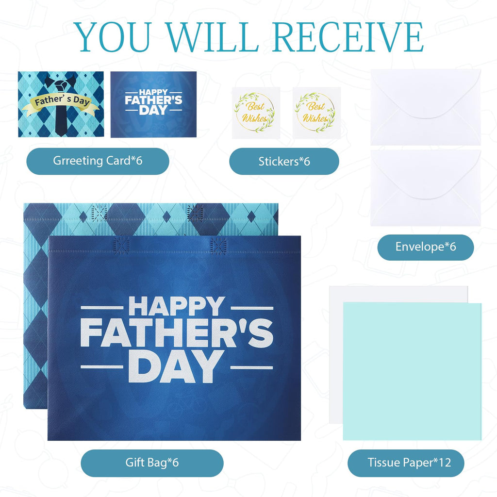 YANGTE 6 Pack 13" Fathers Day Gift Bags with Tissue Paper, Gift Bags Medium for Men Dad Father Grandpa, Happy Fathers Day Gift for Party Favor Supplies, 12.8"*10.2"*6.3"
