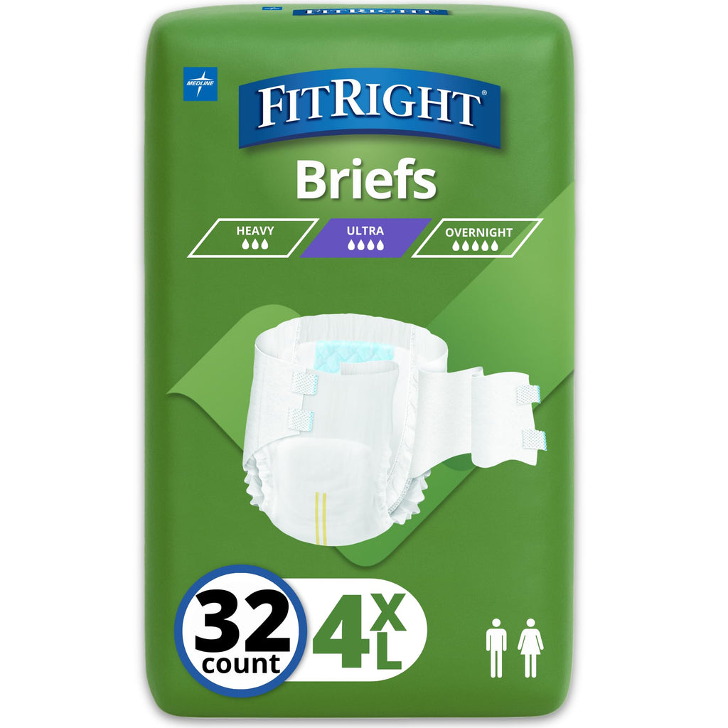 Medline FitRight Incontinence Diapers, Specialty Size Adult Diapers, For Men And Women, Maximum Protection, Waist Size 65"–94", 4XL, 8 briefs per bag, 32 briefs per case