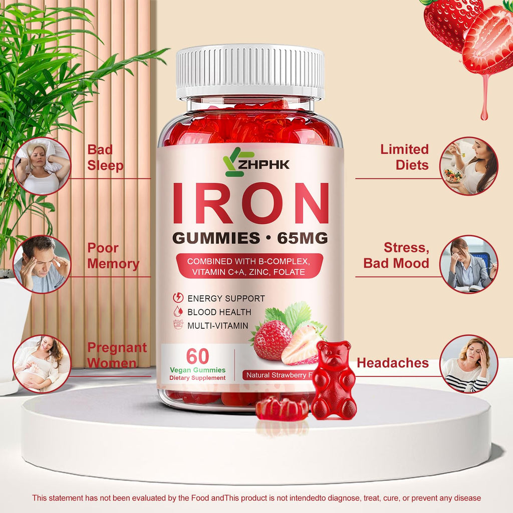 ZHPHK Iron Supplement Gummies for Women, Men & Kids, 65mg Iron & 250mg Vitamin C per Serving - Healthy Blood, Energy & Immune Support Iron Vitamin Gummy with Folate, 2 Pack