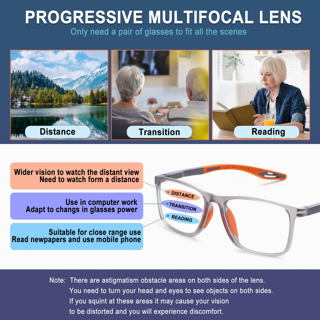 BLOEXCLU 4 Pack Progressive Multifocus Reading Glasses for Men Women TR90 Sports Style Anti-Blue Light Computer Readers (black & blue & grey & transparent, 3, x)