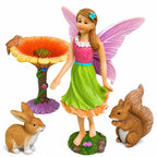 Mood Lab Fairy Garden Figurines with Flower - Miniature Decor Set (4 pcs) - Statues & Accessories - Outdoor Indoor Garden Decor