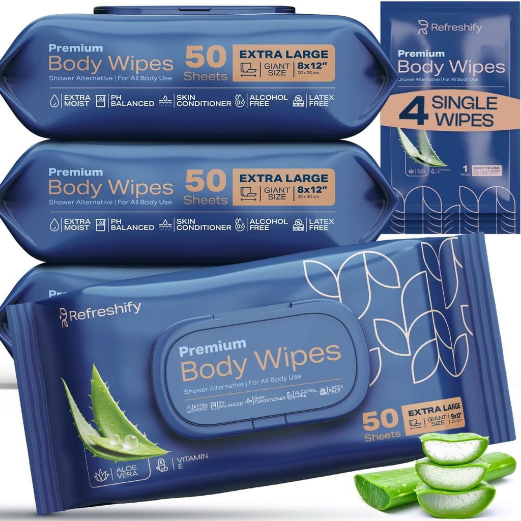 XL Aloe Vera Shower Body Wipes for Adults 8" x 12" (200 count) Adult Wipes for Elderly, Shower Body for Adults Bathing No Rinse, Vitamin E +4 Travel