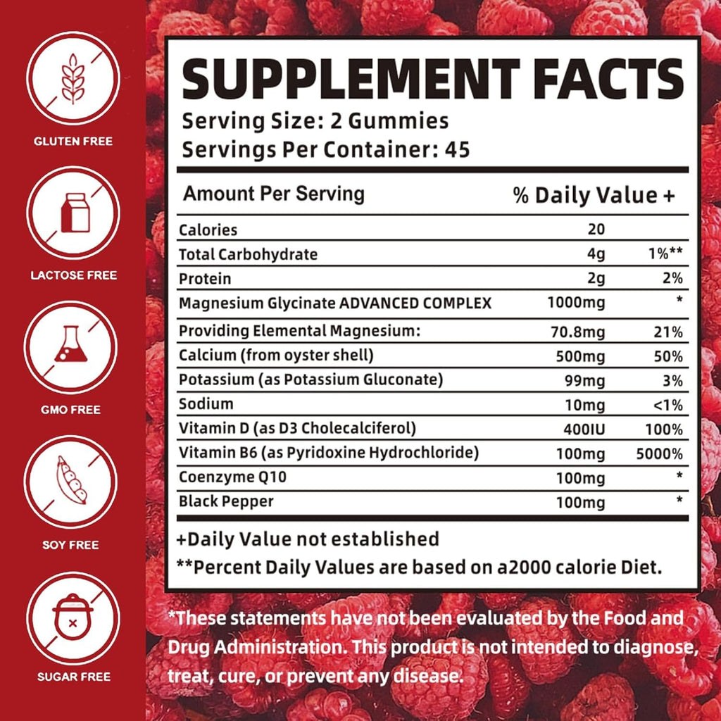 Magnesium Glycinate Gummies 1000mg with Magnesium L-Threonate,Chelated Magnesium Potassium Complex Supplement with VitD, B6, CoQ10, Calcium,Supports for Memory, Calm, Mood - 180 Gummies Raspberry