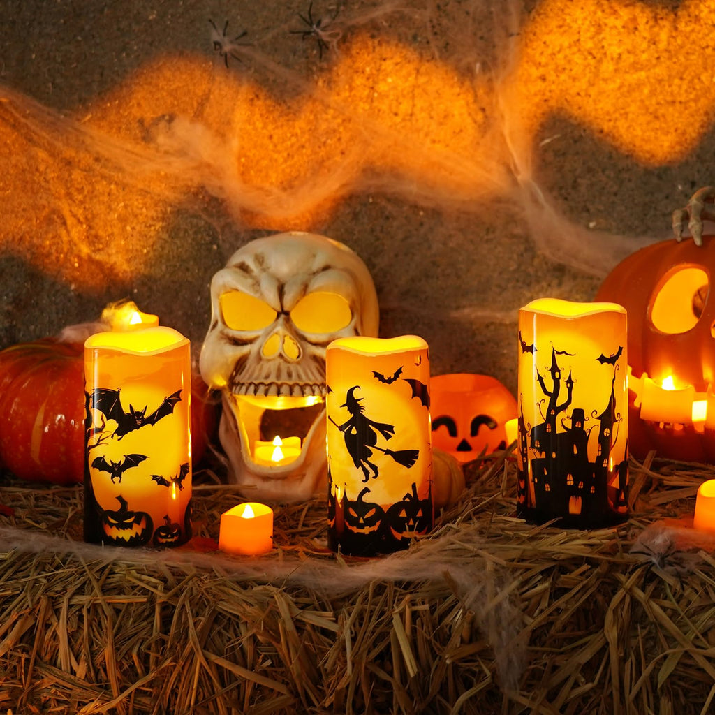Homemory Halloween Waterproof Flameless LED Pillar Candle with Timer Remote