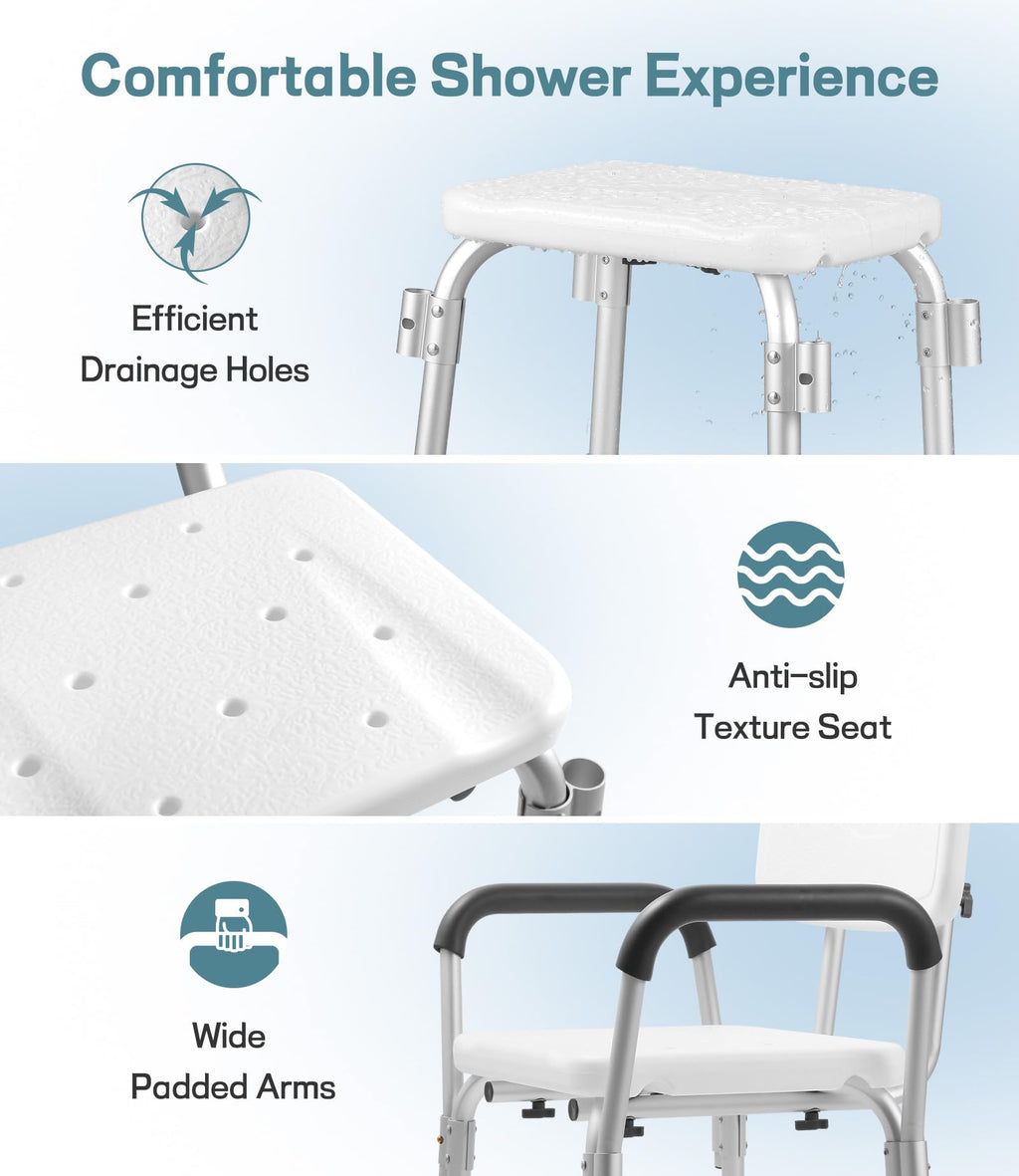 TABEKE Shower Chair for Inside Shower, Heavy Duty Shower Chair with Backrest & Padded Armrest, Height Adjustable Shower Bench, Shower Seat for Bathtub, Elderly and Disabled