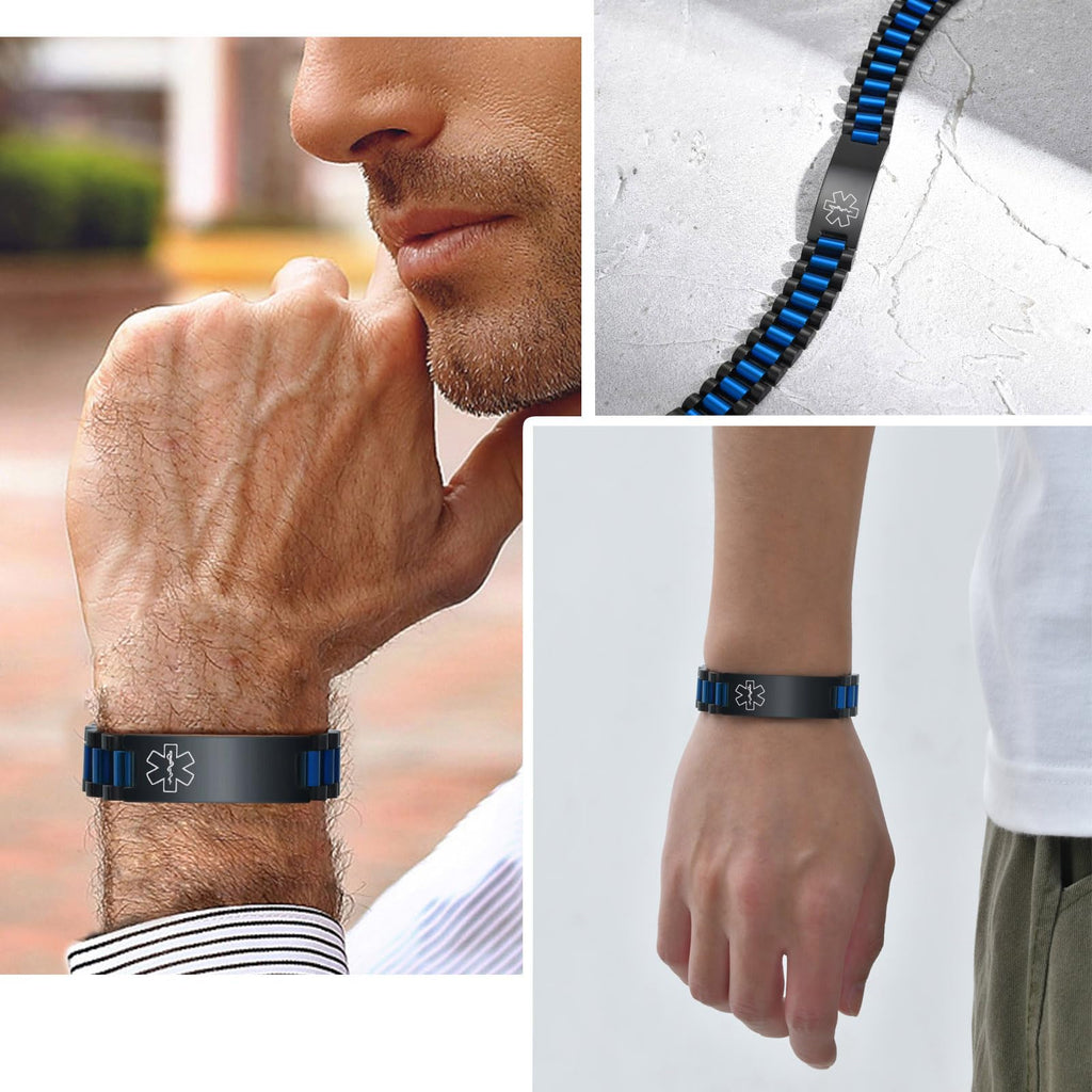 Medical ID Bracelet for Men: Free Engraving Black and Blue Stainless Steel Masculine Watch Band Style Medical Alert Wristband Personalized Medic ID Bracelet Jewelry