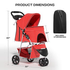 Pet Stroller for Small Dogs 10 lbs, Dog Stroller for Medium Dogs 30 lbs, Cat Strollers for 2 Cats, 3 Wheels Foldable Jogger Puppy Stroller with Storage Basket and Cup Holder, Red