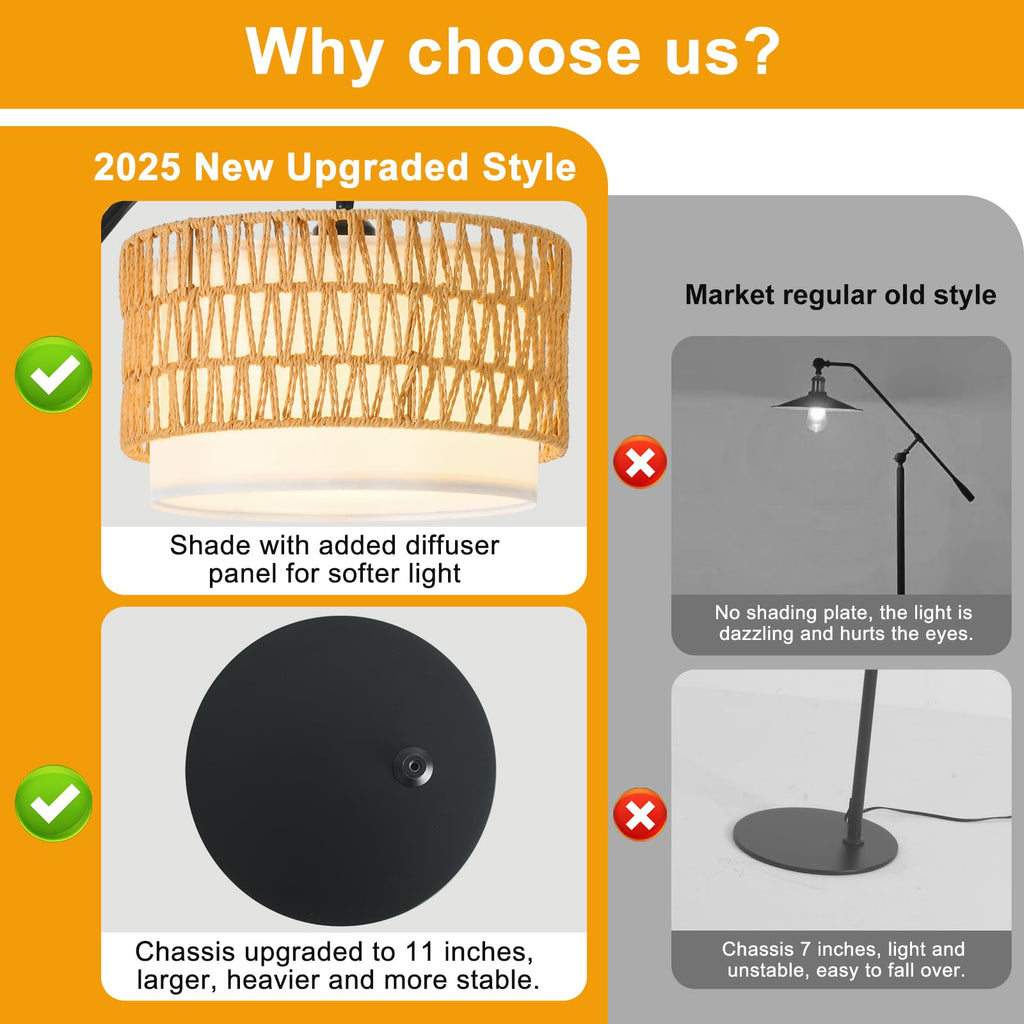 DRAWNCAT Rustic Black Farmhouse Floor Lamp with Woven Rattan Shade - 12W LED, Remote & Dimmable 3-Color Temp, Tall Standing Lamp for Living Room