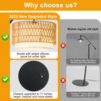 DRAWNCAT Rustic Black Farmhouse Floor Lamp with Woven Rattan Shade - 12W LED, Remote & Dimmable 3-Color Temp, Tall Standing Lamp for Living Room