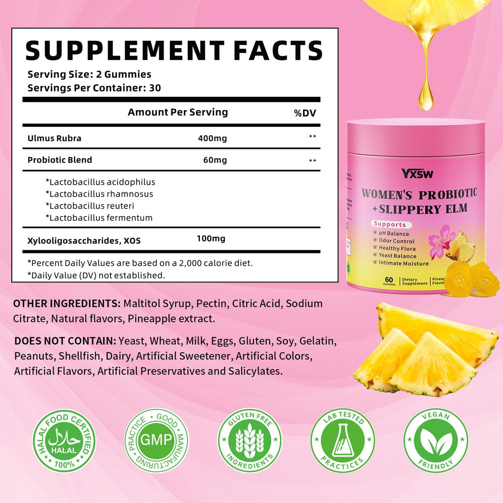 YXSW Women's Probiotics Slippery Elm Gummies, Sugar-Free Feminine Probiotics Gummies Support pH Balance, Gut Health & Immune System, Pineapple Flavor, 60 Count