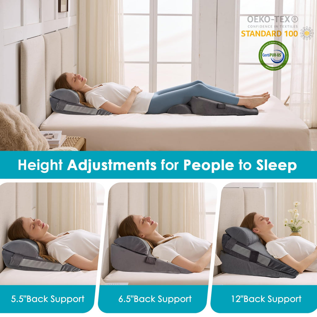 WGAKCED 3Pcs Wedge Pillow Set for After Surgery,Acid Reflux Relief, Adjustable Bed Wedge Pillows for Sleeping,Anti Snore, Memory Foam Triangle Pillow for Back&Neck&Shoulder Pain Relief, Plush Grey