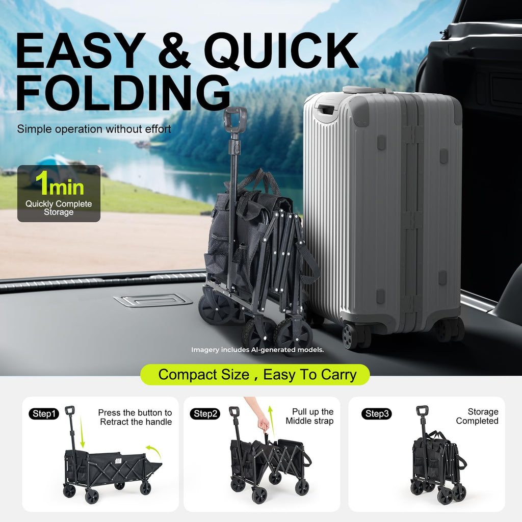 TANSTRIDER Collapsible Wagons Carts Foldable with Extended Tailgate, Folding Wagon Cart on Wheels, Portable Heavy Duty Shopping Carts for Groceries, Apartment, Garden, Camping, Sports,Outdoor (Black)