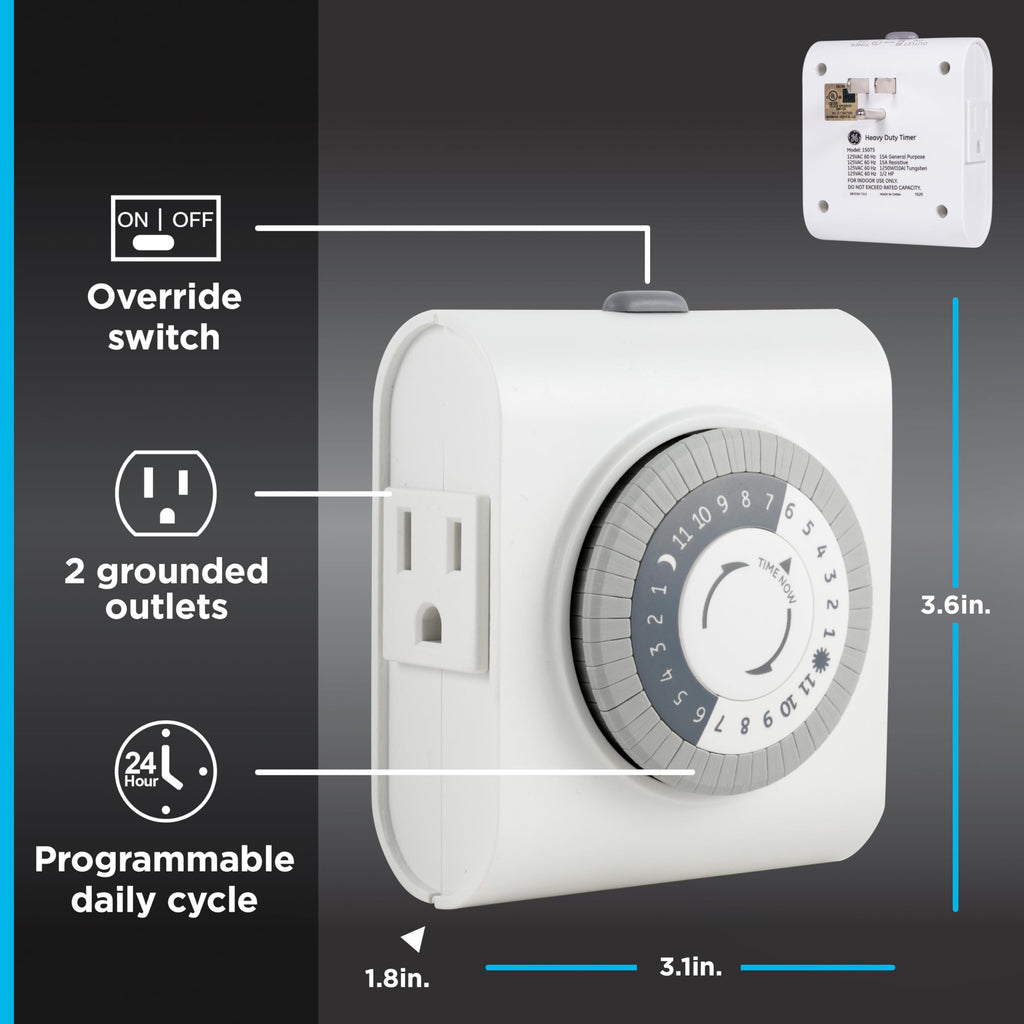 GE 24‑Hour Plug-in Mechanical Timer Outlet, 2 Grounded Outlets, 3 Pack
