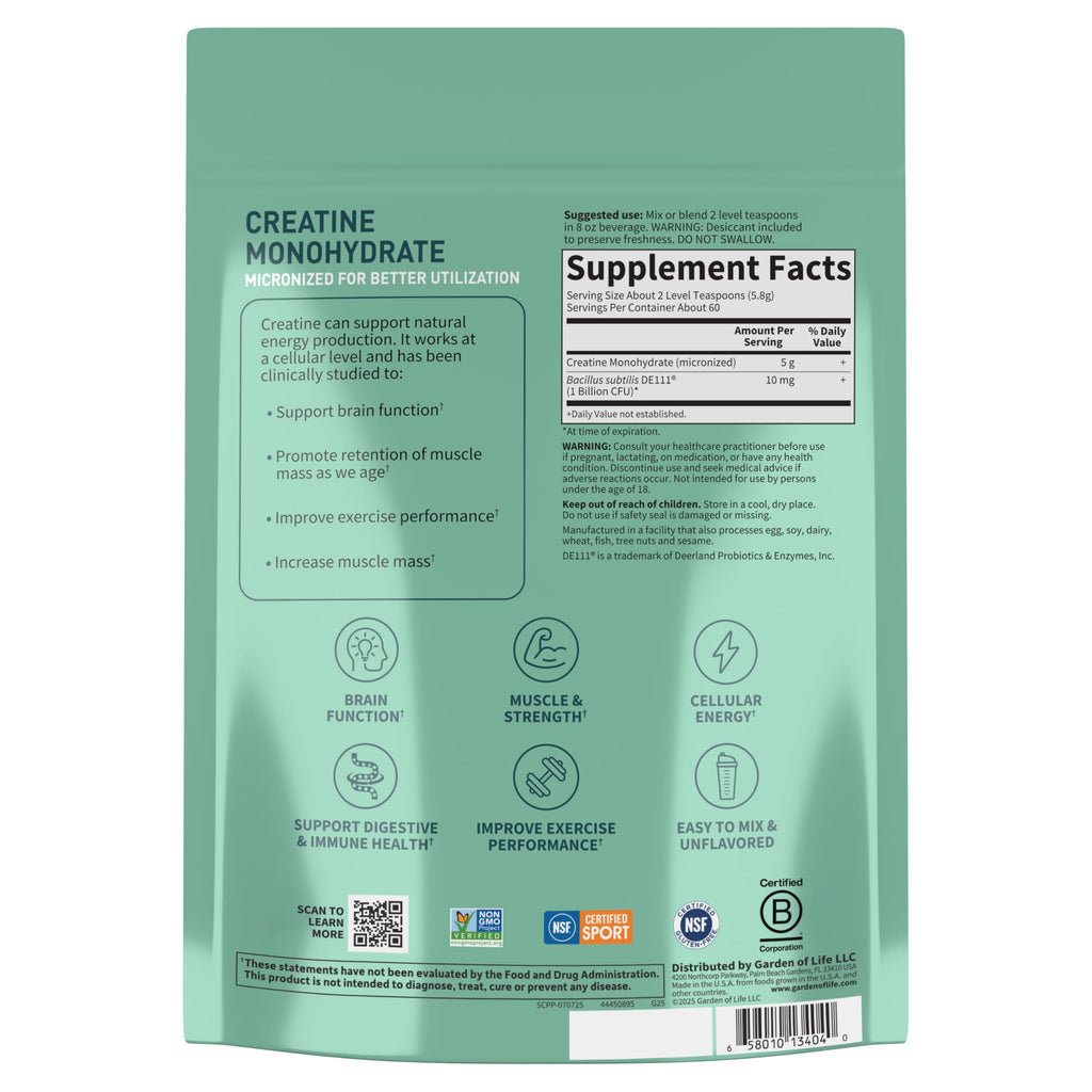 Creatine Monohydrate Powder for Women and Men by Garden of Life, Micronized Pre Workout with Probiotics for Muscle, Strength, Performance, Sport Amino Energy, About 60 Easy to Mix Unflavored Servings