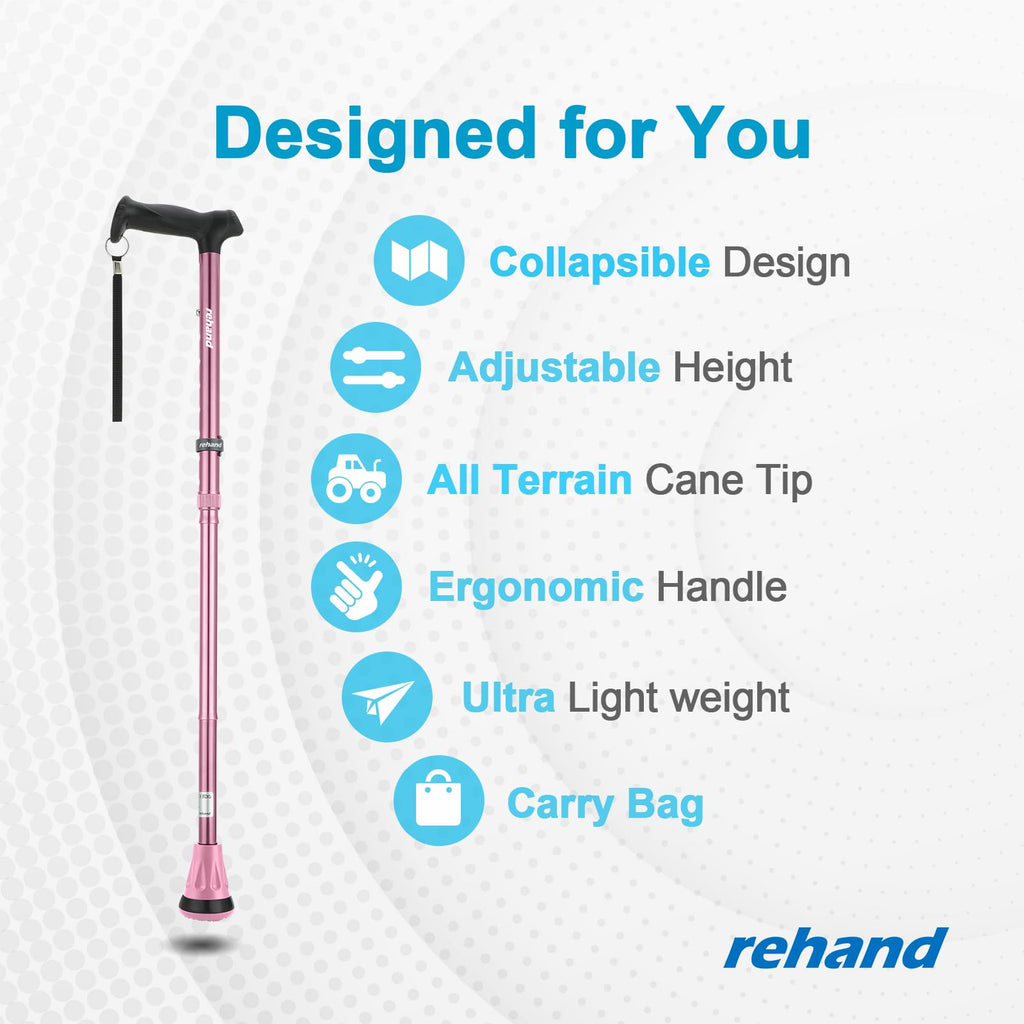 REHAND Walking Cane - Foldable, Adjustable, Collapsible Walking Canes for Men & Women, Heavy Duty All Terrain Tip, with Travel Bag | Walking Sticks for Seniors & Adults [Pink]