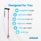 REHAND Walking Cane - Foldable, Adjustable, Collapsible Walking Canes for Men & Women, Heavy Duty All Terrain Tip, with Travel Bag | Walking Sticks for Seniors & Adults [Pink]