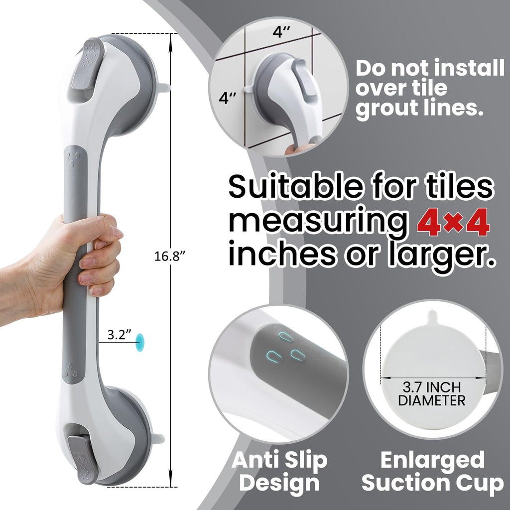 TAILI Shower Grab Bar 16 Inch Suction Cup Grab Bars for Bathroom, Removable Shower Safety Handle Heavy Duty Bathtub Grip for Seniors & Elderly, Strong Handrails No Drilling Waterproof, Grey