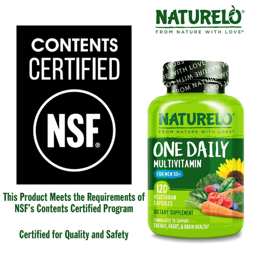NATURELO Mens Multivitamins for Men 50+ - One Daily Multivitamin for Men with Vitamins, Minerals & Organic Whole Foods, Boost Energy & Health, Non-GMO, 120 Vegetarian Capsules