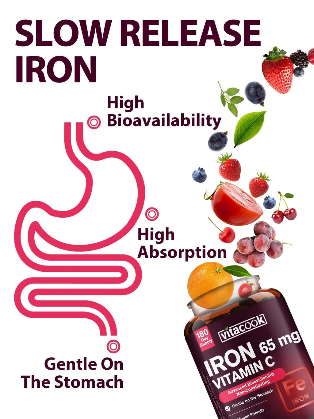 Iron Supplement for Women Men, High Potency Iron 65mg with Vitamin C 250mg, Stomach Friendly Iron Pills for Red Blood Cell & Immune Support, Vegan, Non-GMO & Gluten Free, 180 Tablets