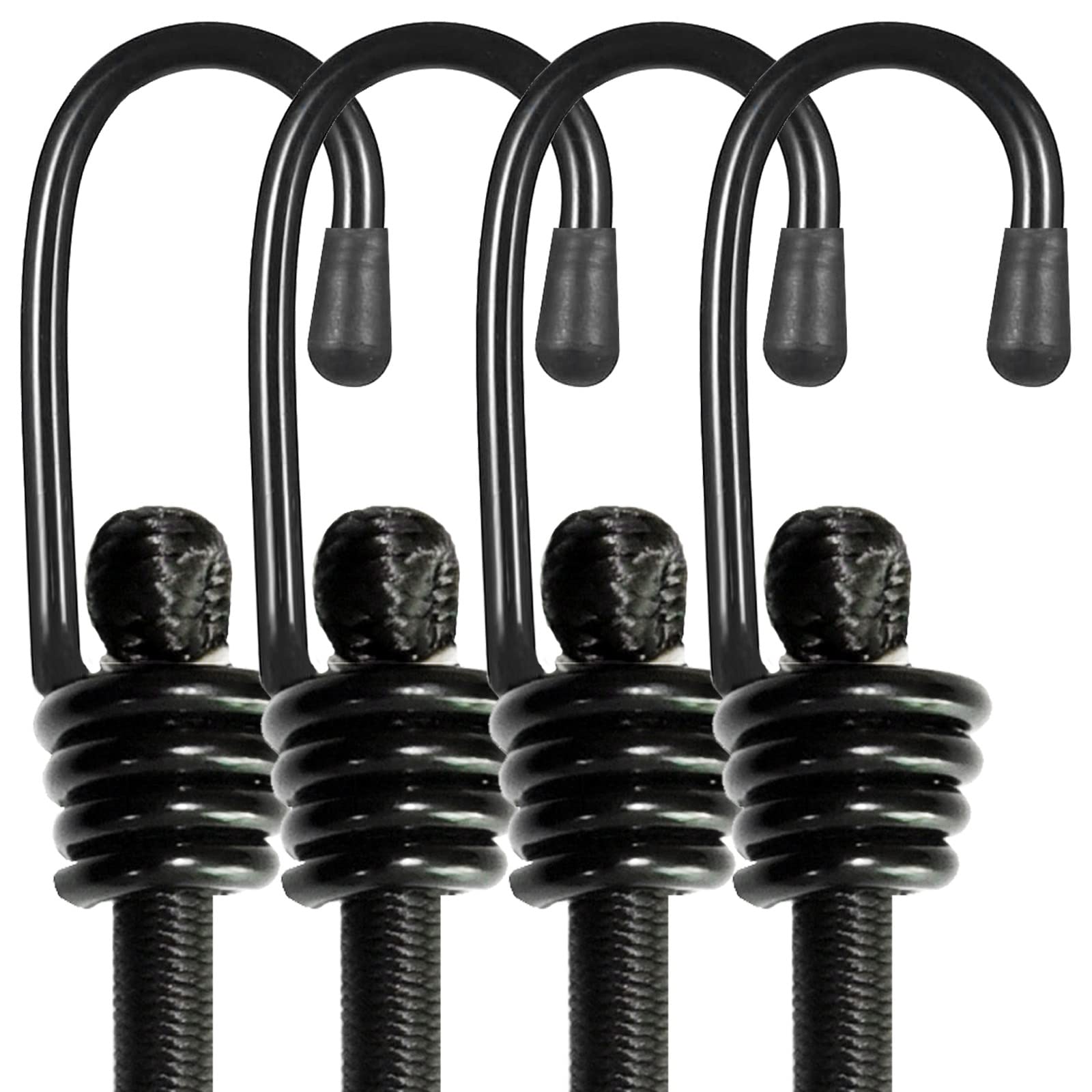 BEXSLE Bungee Cords with Hooks, Heavy Duty Outdoor Elastic Bungee Straps，No Odour Industrial Grade Bungee Rope for Securing Tarps, Luggage, Tents, Bikes or Garden Tidying 48inch 4Pcs (Black)