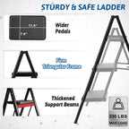 Double Elite Folding 3 Step Ladder, Sturdy 330 Lbs Load Small Step Stool for Adults, Safer Full Steel Multi-use Kitchen Ladder for Home, Closet Step Stool Ladder with Wide Pedals, Black, 3-Step