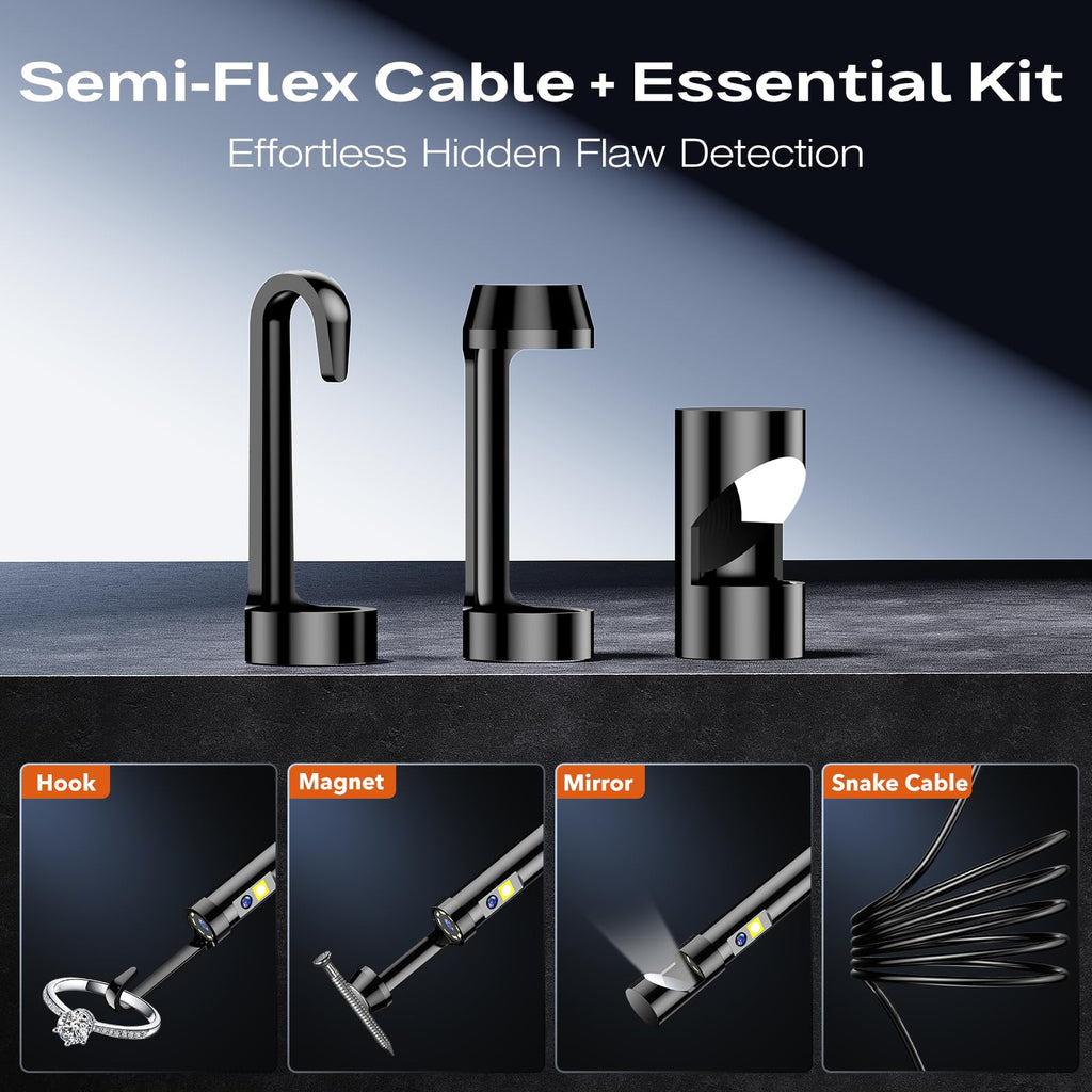 Borescope Dual Lens Endoscope Camera with Light, 4.3" IPS 1920P HD Inspection Camera, 7.9mm IP67 Waterproof with 8+1 Adjustable LEDs, 16.5FT Semi-Rigid Snake Cable for Mechanic, Cool Gadgets for Men