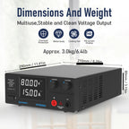 Jesverty DC Power Supply Variable, 0-80V 0-15A 1200W Switching DC Regulated Bench Power Supply with Encoder Knobs, 4-Digit LED Display, Temperature Controlled Fan, Aux Output Terminal - SPS-8015N