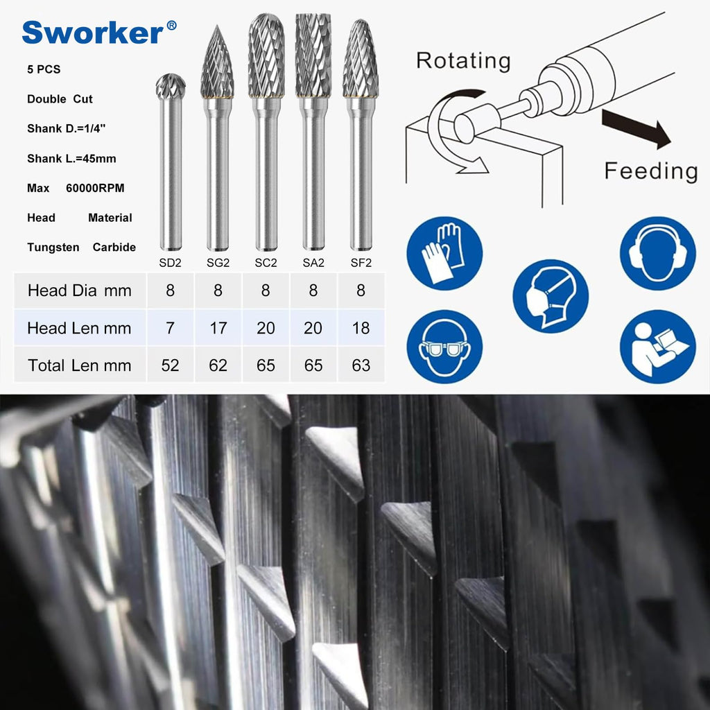 Sworker 5Pcs Carbide Burr Set 1/4 Shank w/Clear Box Head Dia 8mm Die Grinder Bits Rotary Tools Attachment Kit Rasp File Accessories Metal Wood Stone Steel Grinding Deburring Cutting Porting Carving