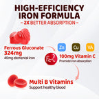 Iron Gummies for Women Teen Girls, Ferrous Gluconate 324 mg with Vitamin C, Iron Supplement Plus Vitamin A, B, Folate, Copper, Zinc, Energy & Blood Support, Immune Health, Sugar Free 60 Gummies
