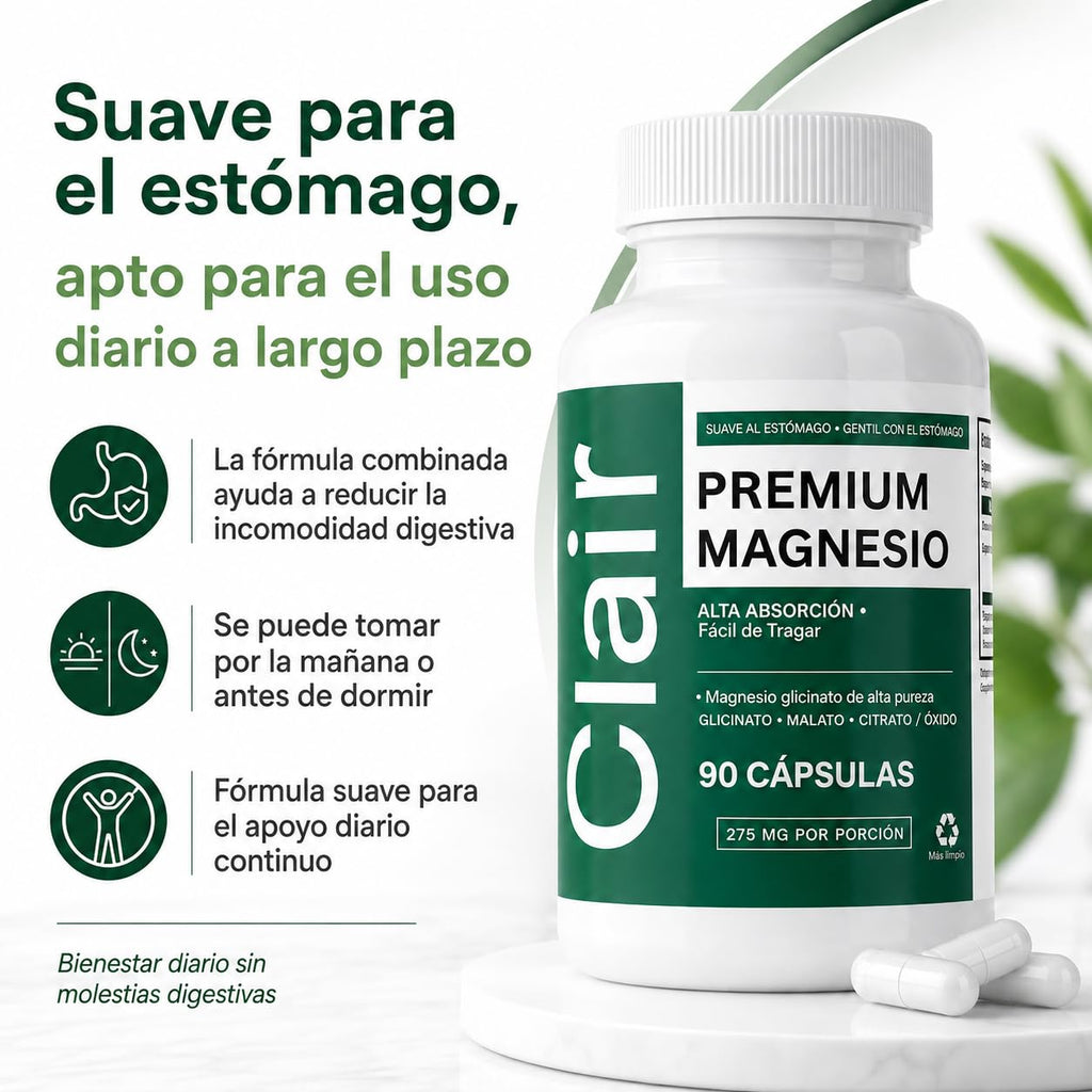 Clair Magnesio Premium, with B6 D3 Zinc – 4-in-1 Blend, Gentle on Stomach, Full Body Unwind – Muscle Relaxation + Digestive Comfort + Sleep Aid. (Glycinate, Malate, Citrate, Oxide) 90 Capsules