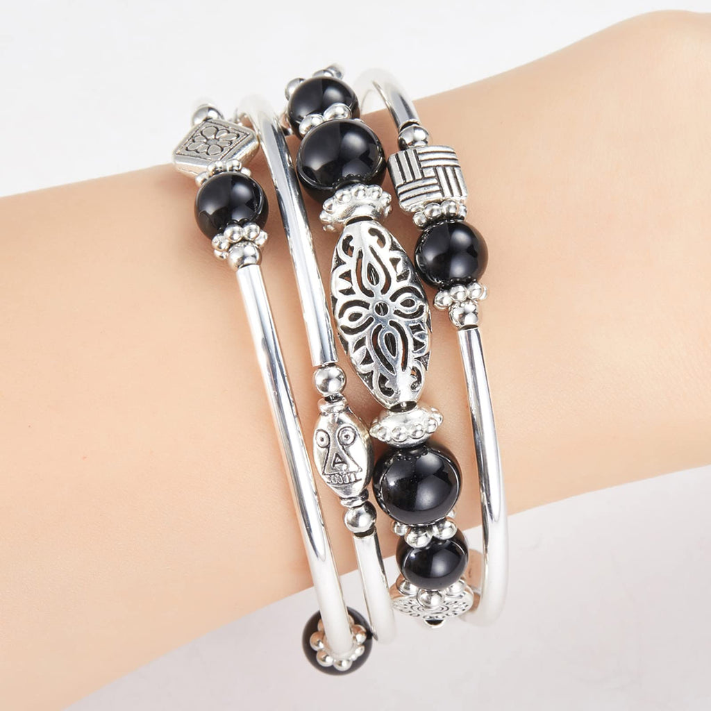 BULINLIN Layered Wrap Bangle Turquoise Bracelet - Bead Bracelet with Natural Agate Stone, Gifts For Women (03-Black)