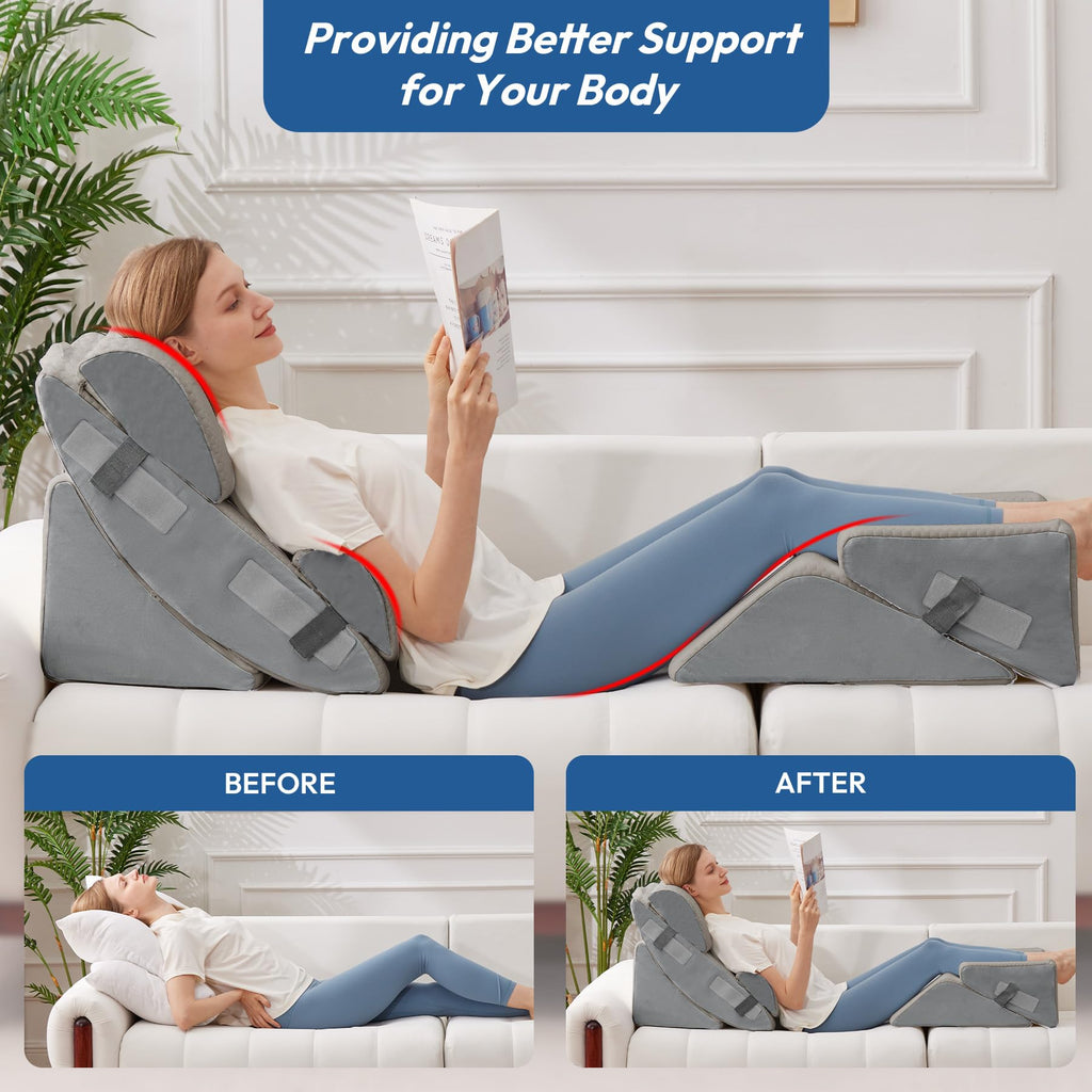 Ahpmeoa 6PCS Wedge Pillow Set for After Surgery, Back Pillow for Bed Sitting Up, Orthopedic Bed Wedge for Body, Leg Pain Relief, Memory Foam Pillow for Post Surgery, Sleeping, Acid Reflux, Gerd, Grey